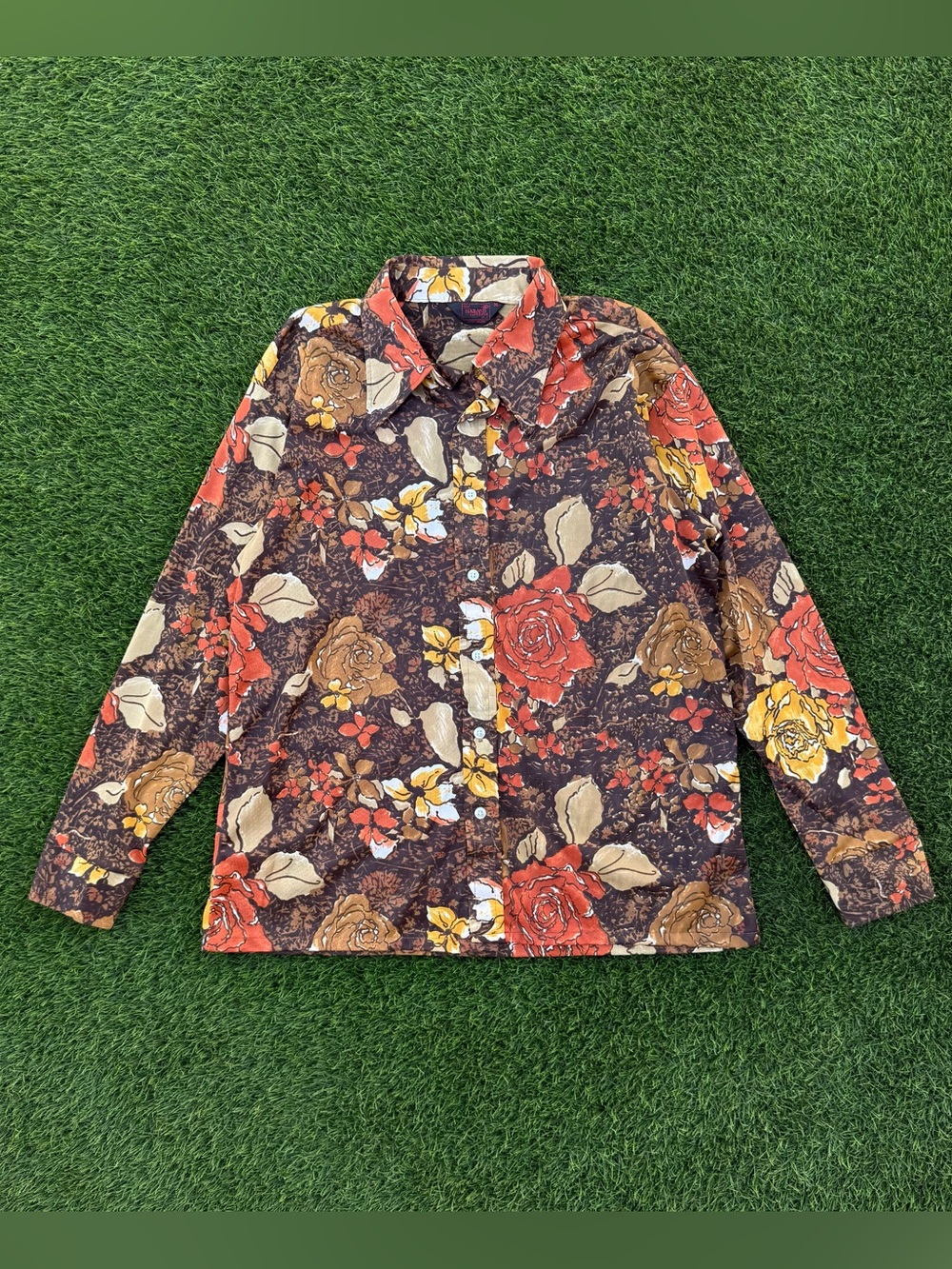 Vintage 70s Haband Disco Shirt Button Up Brown & Orange Floral Print Nylon Sz XL